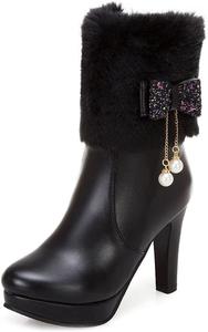 Женские модные ботильоны на платформе с высоким каблуком, с круглым носком, молнией и бантом, элегантные короткие ботинки JOEUSTY, Black-Velvet Lined