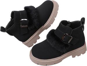 Детские зимние ботинки для девочек на снег из замши с пряжкой, плюшевой подкладкой, короткие, теплые, на плоской подошве, с противоскользящей подошвой и боковой молнией Generic, Black