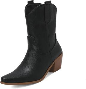 Женские винтажные кожаные ковбойские сапоги с массивным каблуком, ботильоны с заостренным носком и средним каблуком, сапоги на молнии в западном стиле, осенние модные сапоги для платья Generic, Black