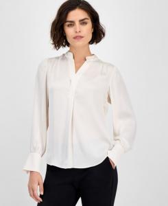 Женская блузка с длинными рукавами и фактурным вырезом и разрезом на воротнике Anne Klein, White Dove