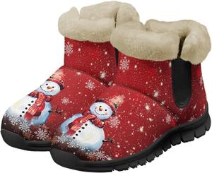 Женские пушистые ботильоны Wam зимние ботинки против скольжения, снежные ботильоны с искусственным мехом, ботильоны до щиколотки, домашняя обувь Chririnla, Snowman Snowflake