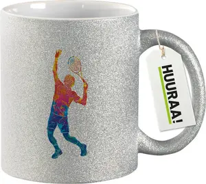 Кружка Huuraa Glitter Mug с красочным силуэтом теннисиста, подарочная, 330 мл, серебряная, теннисная Hellweg Druckerei