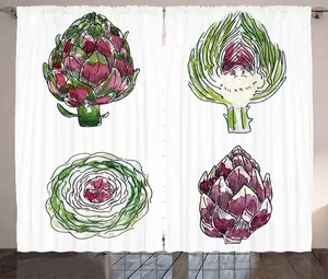 Штора ABAKUHAUS Артишок в деревенском стиле, овощная диета, присборенная штора из тесьмы для спальни с петлями и крючками, 280 x 225 см, цвет папоротника зеленый и пурпурный Abakuhaus