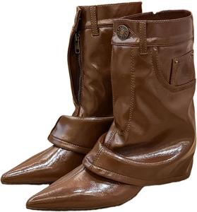 Женские джинсовые сапоги ZQW с заостренным носком и высоким каблуком до середины голени, широкая посадка, свободного кроя, стильные ковбойские сапожки для модного ношения, Brown