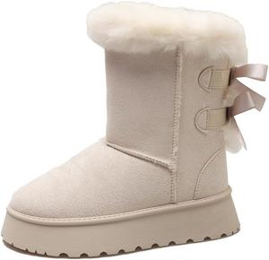 Женские зимние ботинки до середины голени с противоскользящей подошвой, платформой и искусственным мехом, теплые и удобные ботинки без шнурков для улицы Generic, White