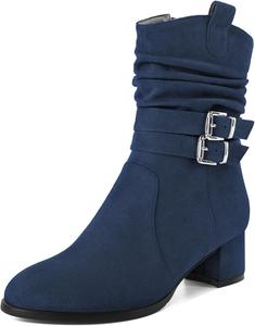 Женские ботинки YODEKS на низком каблуке с массивным каблуком, молнией, 2-дюймовым закругленным носком и пряжкой, замшевые, размер 5-13, Navy