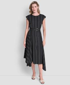 Женское миди-платье с короткими рукавами и асимметричным подолом DKNY, Black/Ivory