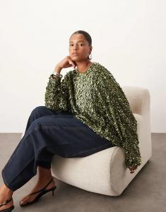 Лонгслив ARRANGE Curve с длинными рукавами и квадратным вырезом цвета расплавленного хаки с пайетками