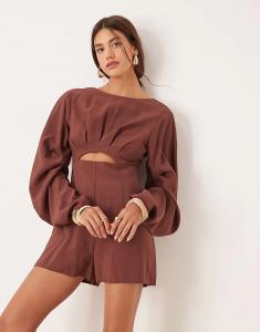 Комбинезон ASOS DESIGN с закругленными рукавами и плиссировкой шоколадного цвета