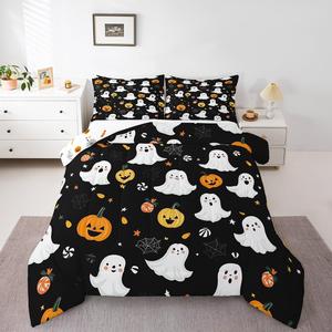 Erosebridal Комплект постельного белья Happy Halloween с оранжевыми тыквами, готическими призраками и паутиной в черно-белых тонах, Black White Yellow Orange