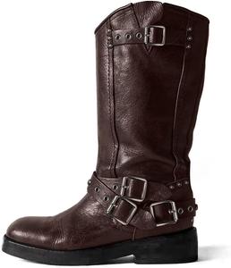 Женские сапоги Agodor до середины голени с широким низким каблуком, пряжкой, квадратным носком, мотоциклетные сапоги на молнии, ботильоны для езды на байке, Coffee Brown