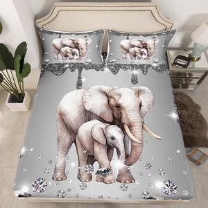 Erosebridal Простыня на резинке Elephant с блестками, комплект постельного белья в стиле флюид арт с африканскими сафари животными, Sliver and White