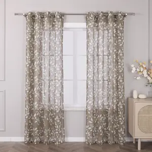 Штора с люверсами, вуаль с узором Листья, для спальни/гостиной, прозрачно-коричневая, 245 x 140 см (В x Ш), 1 шт. Joyswahl