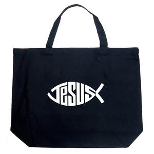 Большая сумка-тоут Word Art - Символ рыбы с именем христианина Иисуса LA Pop Art, черный