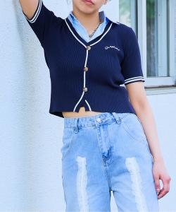 Женский укороченный топ-кардиган с воротником рубашки, многослойный GORGE, темно-синий