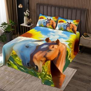 Erosebridal Комплект постельного белья Horse Couple с принтом лошадей и подсолнухов в стиле ранчо, Blue Brown Yellow