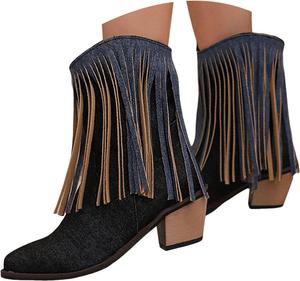 Женские канвасовые ботильоны с кисточками, плоской подошвой, ковбойского стиля, с заостренным носком, на пуговицах, западные короткие ботинки Generic, Black
