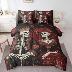 Erosebridal Комплект постельного белья 7Pcs Skull Lover с готическим принтом черепов и короны, романтичный дизайн для пары, Red and Black