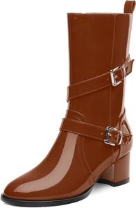 Женские сапоги до середины икры, низкий каблук, боковая молния, ботильоны до икры для женщин, круглый носок, модная лодыжка с ремешком и пряжкой RLYGHWAO, Dark Brown Patent