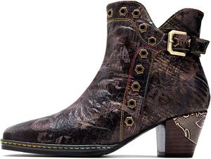 Женские ручные ретро-сапоги на высоком каблуке из овчины, красочная роспись, металлический стиль - модные, удобные, прочные, уникальный стиль меньшинств Riutiru, Thick Heel - Brown