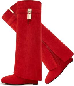 Сапоги с отворотом для женщин, острый носок, на танкетке, до колена, с боковой молнией и декоративным замком CDHYX, Red-Suede