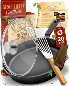 Чугунная сковорода KRUSTENZAUBER, совместимая с индукционной плитой, 20 см, с крышкой и лопаткой - чугунная сковорода с шлифованной поверхностью, чугунная сковорода, чугунная сковорода Krustenzauber