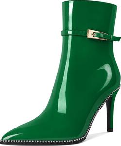 Женские ботильоны Soireelady с заостренным носком и высоким каблуком, украшенные бисером, короткие ботинки с металлической пряжкой и боковой молнией, каблук 10 см, Green