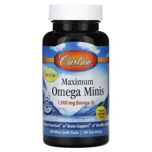 Maximum Omega Minis, натуральный лимон, 1000 мг, 60 мягких мини-желатиновых капсул (500 мг на мягкую желатиновую капсулу) Carlson