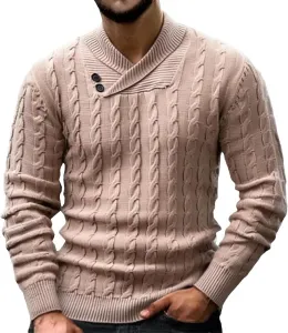 Мужской свитер с воротником шаль и кабельной вязкой