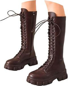 Женские платформенные боевые ботинки ZSpzx, средняя голень, длинные, с шнуровкой, из кожи, с массивным каблуком, грубой подошвой, круглым носком, однотонные, для езды на мотоцикле, модные, удобные, противоскользящие, для ходьбы, Brown