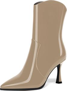 Женские ботильоны AMBELIGHT с острым носком, на молнии, для свиданий и путешествий, лакированные, на высоком каблуке-стилетто 3,3 дюйма, Beige