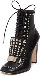 Женские ботильоны FYS с квадратным носком, заклепками и заклепками, массивным каблуком, металлической пряжкой, шнуровкой, для вечеринок и особых случаев, размеры 4-16 US, Black