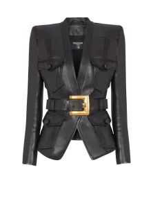 Кожаный пиджак на одной пуговице с поясом Balmain, черный