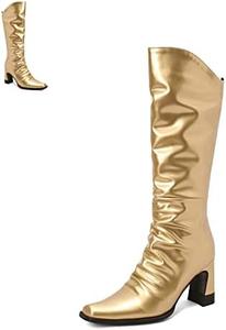Женские ботинки DevilAngel из гладкой яркой кожи с задней застежкой-молнией и каблуком-блоком, средний высокий каблук. Ботинки с квадратным носком, удобные, из блестящей кожи., Gold
