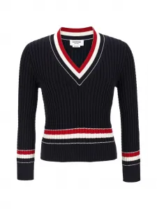 Хлопковый свитер с V-образным вырезом и тесьмой-косичкой Thom Browne, синий