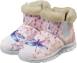 Женские зимние ботинки JoyLamoria Boston Terrier с цветочным принтом, водонепроницаемые снежные ботинки, водонепроницаемые ботильоны с принтом щенка, средние по голенища, удобные для холодной погоды, пушистые обувь, Dragonfly Flower