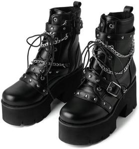 Женские готические ботинки на платформе с застежкой на шнуровку, заклепками, средней высоты, мотоботинки, модные ботильоны на блочном каблуке Generic, C