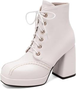 Женские модные ботильоны на массивной платформе с высоким каблуком, шнуровкой, квадратным носком, зимние стильные короткие ботинки JOEUSTY, White-Velvet Lined