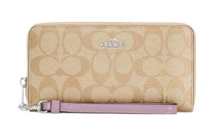 COACH Женский кошелек на молнии из холста с кожаными вставками цвета хаки и фиолетового