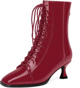 Женские ботинки MODENCOCO с квадратным носком, на молнии, шнуровке, из лакированной кожи, с низким каблуком-китен, высоким голенищем, 5 см, Burgundy