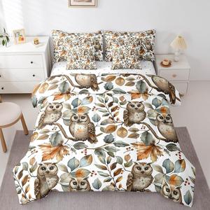 Erosebridal Комплект постельного белья Owl с дизайном диких животных и акварельными растениями в винтажном стиле, Grey Green