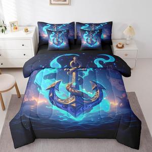 Erosebridal Морской комплект постельного белья Nautical Anchor в сине-черной гамме с тематическим принтом для детской комнаты, Black Blue