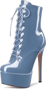 Женские ботильоны Aachcol с короткой платформой, высокие каблуки-стилетто, круглым носком, на шнуровке, из лакированной кожи, каблук 6,5 дюйма, Blue B