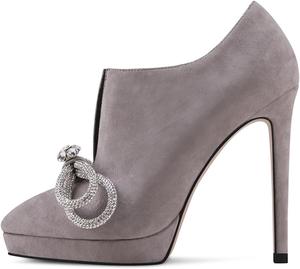 Женские формальные ботильоны YDN на платформе с кристаллами и бантом, имитация замши, остроконечный носок, V-образный вырез спереди, каблук-стилет, очаровательная обувь для женщин, размеры 4-15 US, Grey