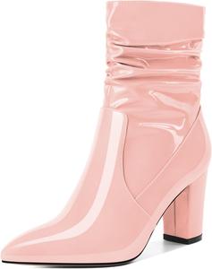 Женские свободные ботильоны Mettesally с высокими массивными каблуками, заостренным носком, боковой молнией, каблук 3,5 дюйма, полусапожки для платья, Patent Pink