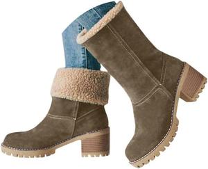 Зимние теплые снежные ботинки для женщин, осенние ботинки на массивном каблуке, из замши, удобные слипоны для улицы, с флисовой подкладкой, средние ковбойские ботильоны для женщин с боковой молнией и отворотом Generic, 1#3