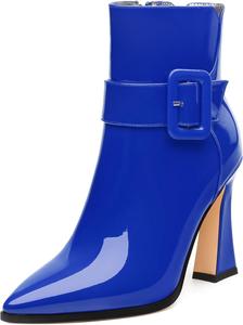 Женские ботильоны, высокие ботильоны на каблуке, ботильоны с заостренным носком, короткие модные ботинки с боковой молнией и пряжкой для женщин GUAVAIVY, Royal Blue Patent