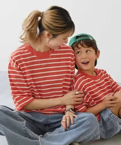 Футболка с коротким рукавом в полоску, 100% хлопок, устойчивая к стирке, свободного кроя, размер 26SS, для взрослых Devirock, цвет 014-Tomato Red-Off White