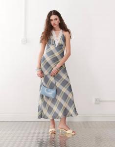 Платье макси Lioness 90-х годов с вырезом халтер и кружевной отделкой на спине в винтажную синюю клетку