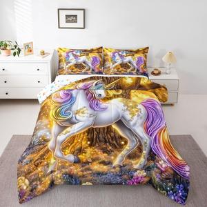 Erosebridal Комплект постельного белья Glitter Unicorn с 3D принтом единорогов и диких животных, White Gold